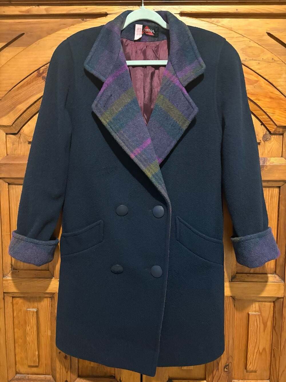 Vintage Alorna Forstmann Wool Blend Plaid Collar Double Breasted Coat